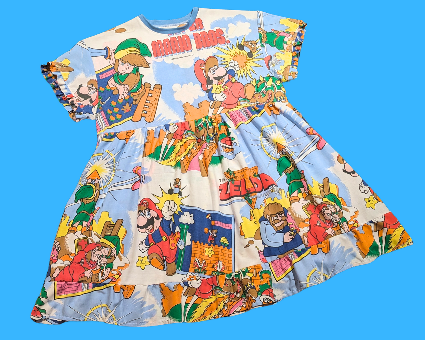 Handmade, Upcycled Nintendo 1988 Super Mario Bros and Zelda Bedsheet T-Shirt Dress Fits 2XL