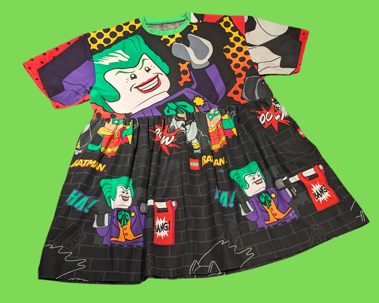 Handmade, Upcycled Lego Batman Bedsheet T-Shirt Dress Fits 2XL