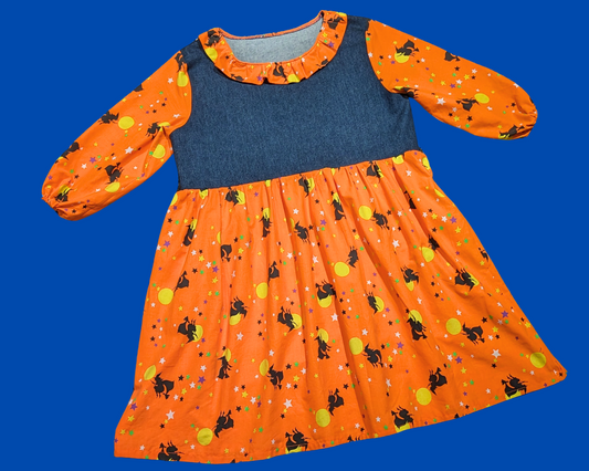 Handmade, Upcycled Vintage 1990's Halloween Tablecloth + Denim Bodice Dress Size 2XL