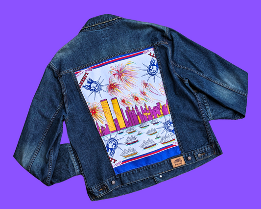 Handmade, Upcycled Roots Denim Jacket with Vintage 1980's New York City Scarf Patch on the Back Size 2XL