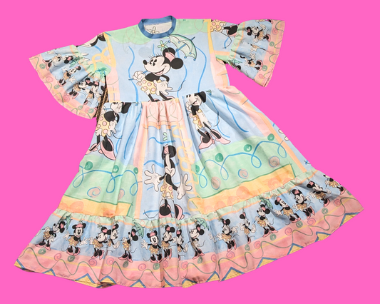 Handmade, Upcycled Vintage 1990's Minnie Mouse, Pastel Colors, Bedsheet Maxi Dress Fits Size S-M-L-XL