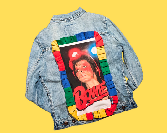 Handmade, Upcycled Denim Jacket Patched Up with a David Bowie T-Shirt Fits Size S-M