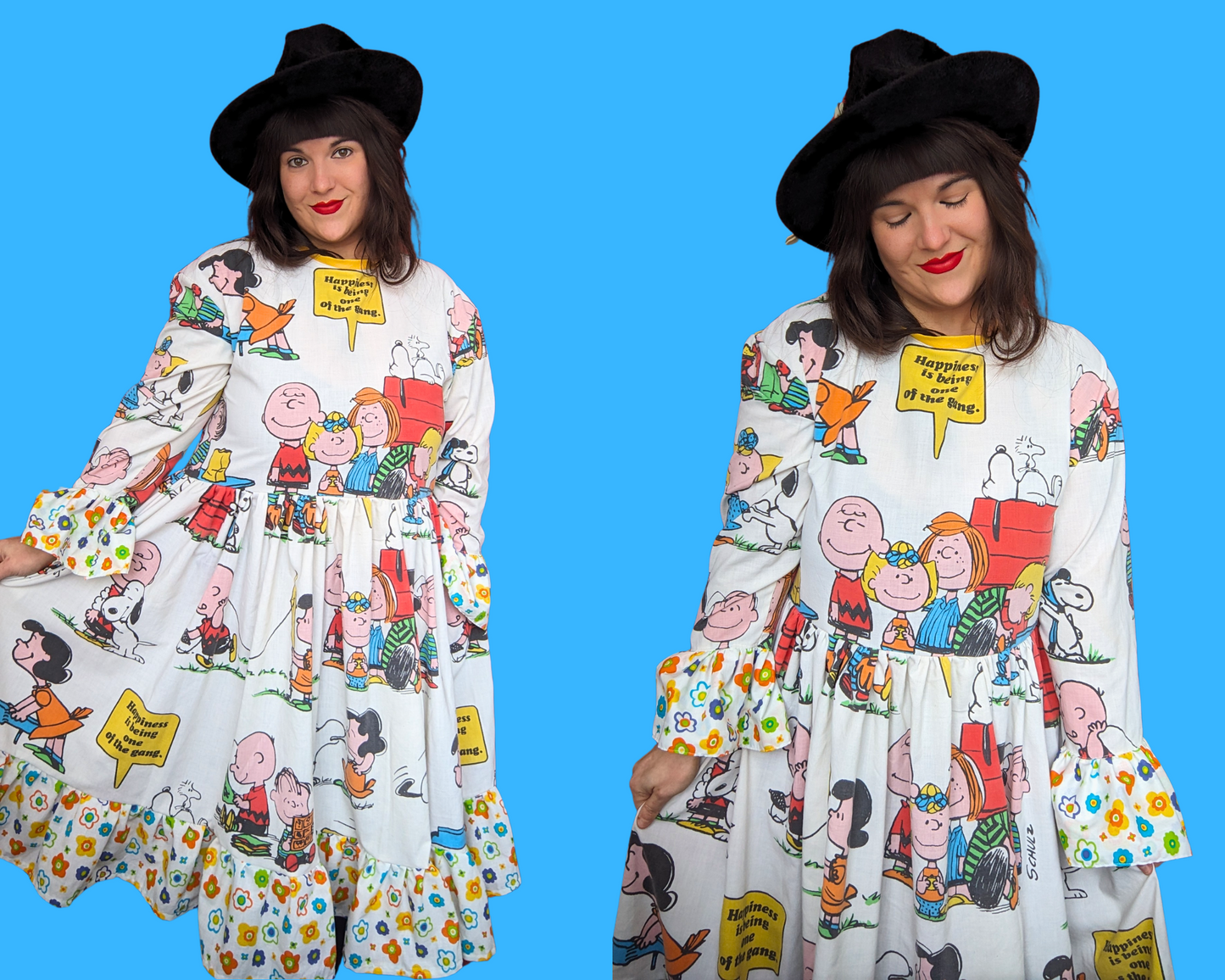 Handmade, Upcycled Peanuts, Charlie Brown Bedsheet Dress Fits Sizes, S-M-L-XL