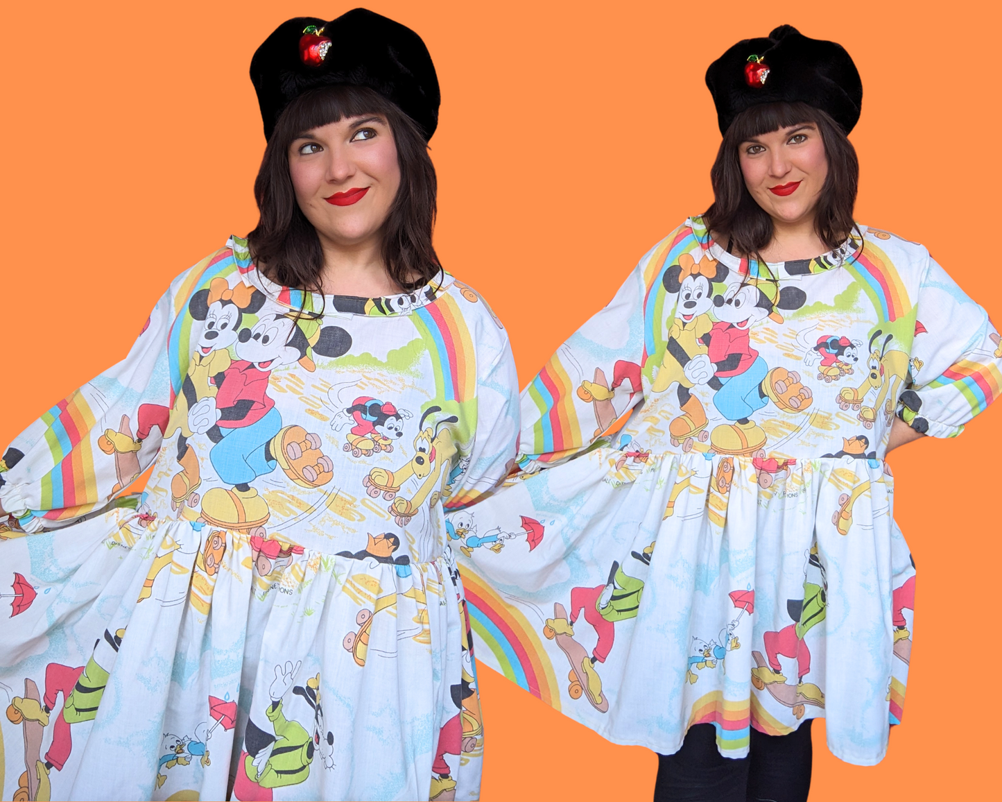 Handmade, Upcycled Walt Disney's Vintage 1980's Mickey Mouse and Friends Rollerblading Bedsheet Dress Size 3XL