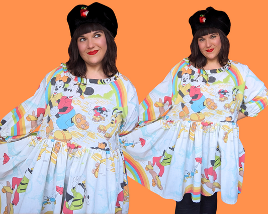 Handmade, Upcycled Walt Disney's Vintage 1980's Mickey Mouse and Friends Rollerblading Bedsheet Dress Size 3XL