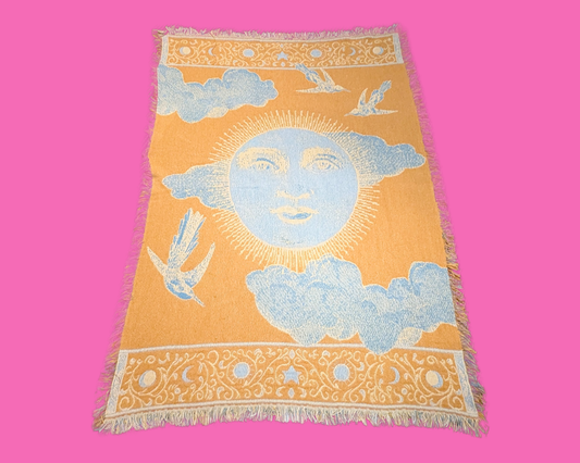 Vintage 1990's Boho Celestial Sun and Moon Decorative Throw Blanket