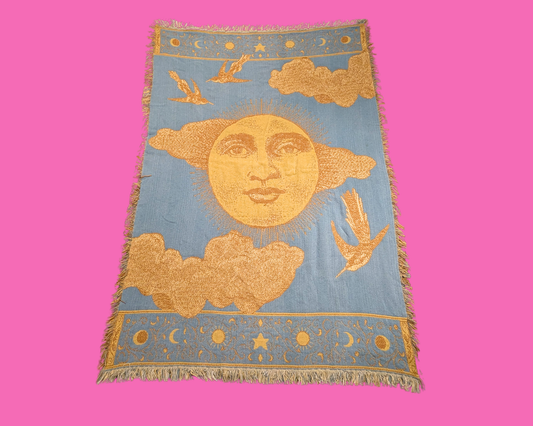 Vintage 1990's Boho Celestial Sun and Moon Decorative Throw Blanket