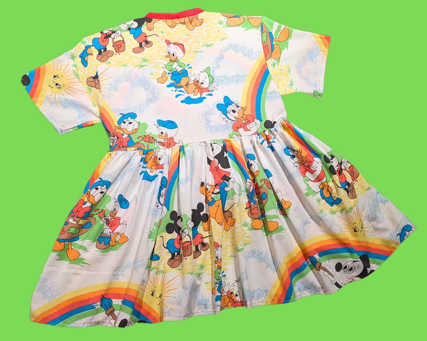 Handmade, Upcycled Walt Disney's Vintage 1980's Mickey Mouse and Friends Painting Bedsheet T-Shirt Dress Fits S-M-L-XL