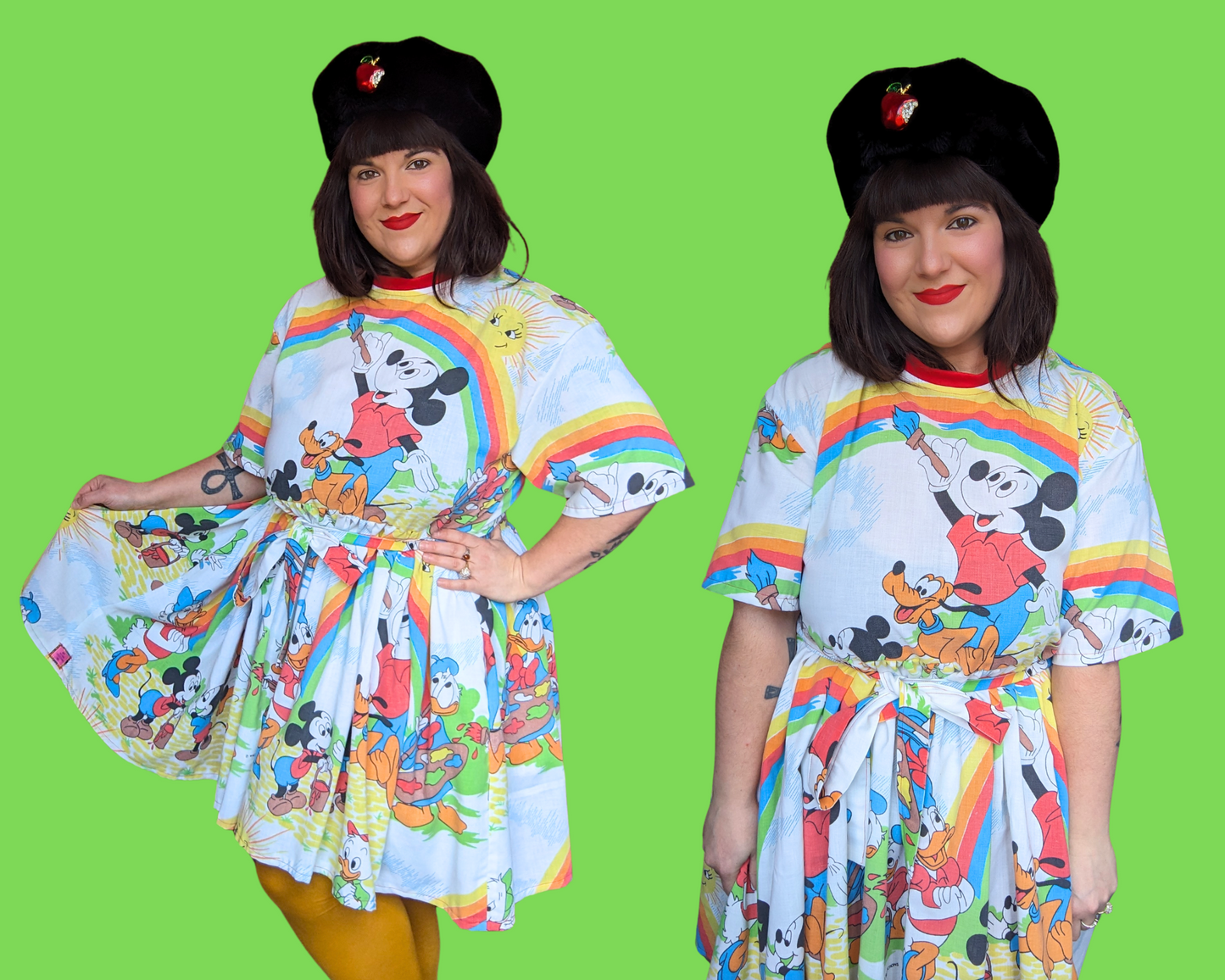 Handmade, Upcycled Walt Disney's Vintage 1980's Mickey Mouse and Friends Painting Bedsheet T-Shirt Dress Fits S-M-L-XL