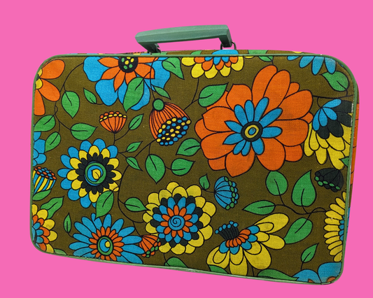 Vintage 1960's Green, Orange, Blue, Yellow Floral Groovy Small Suitcase