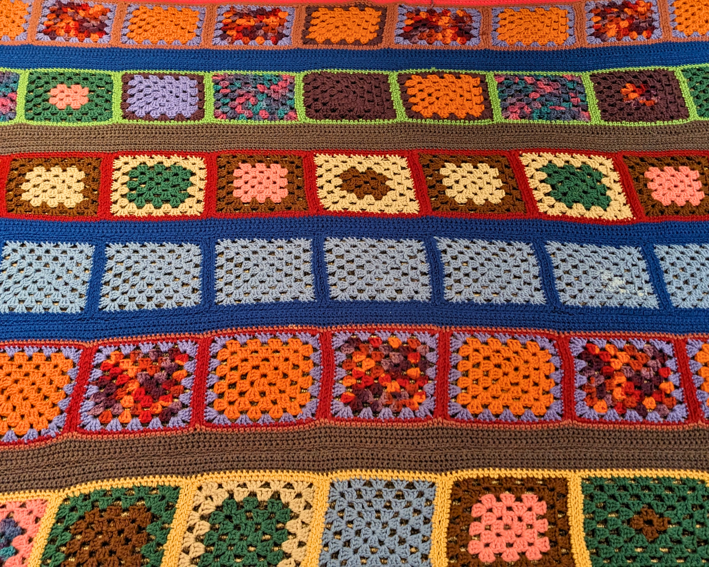 Vintage 1980's Groovy and Colorful Wool Crochet Blanket