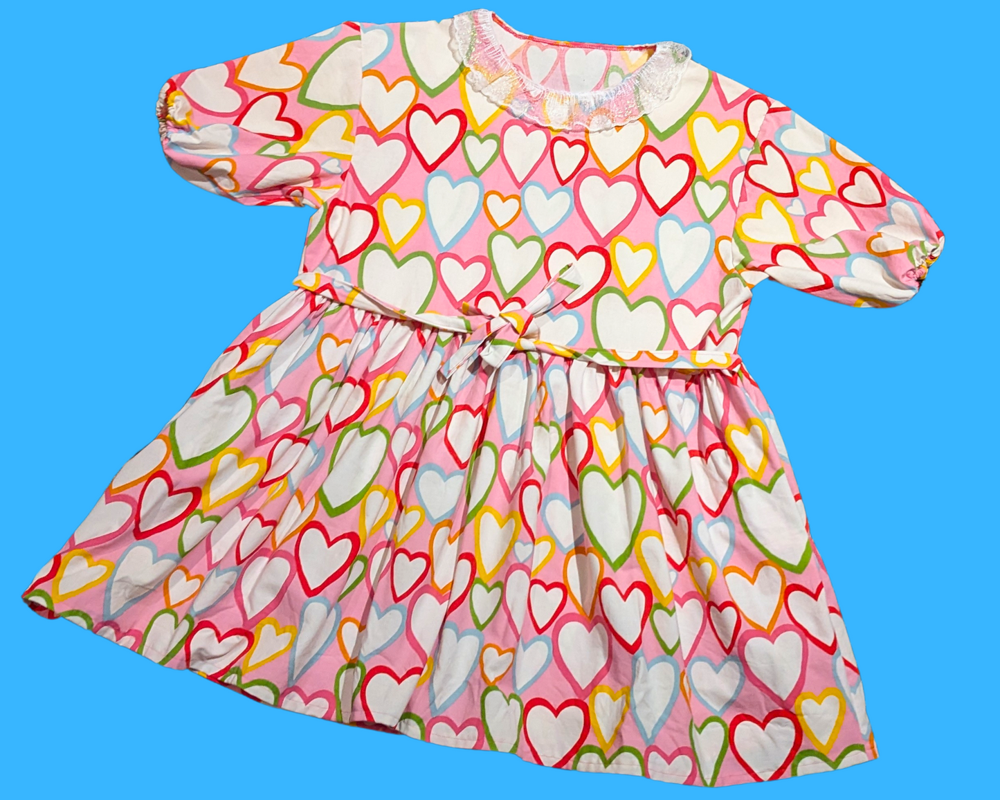 Handmade, Upcycled Vintage Rainbow Hearts Bedsheet T-Shirt Dress Fits S-M-L-XL