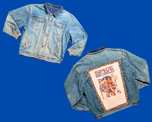 Handmade, Upcycled Denim Jacket Patched Up with a Spice Girls T-Shirt Fits Size M-L