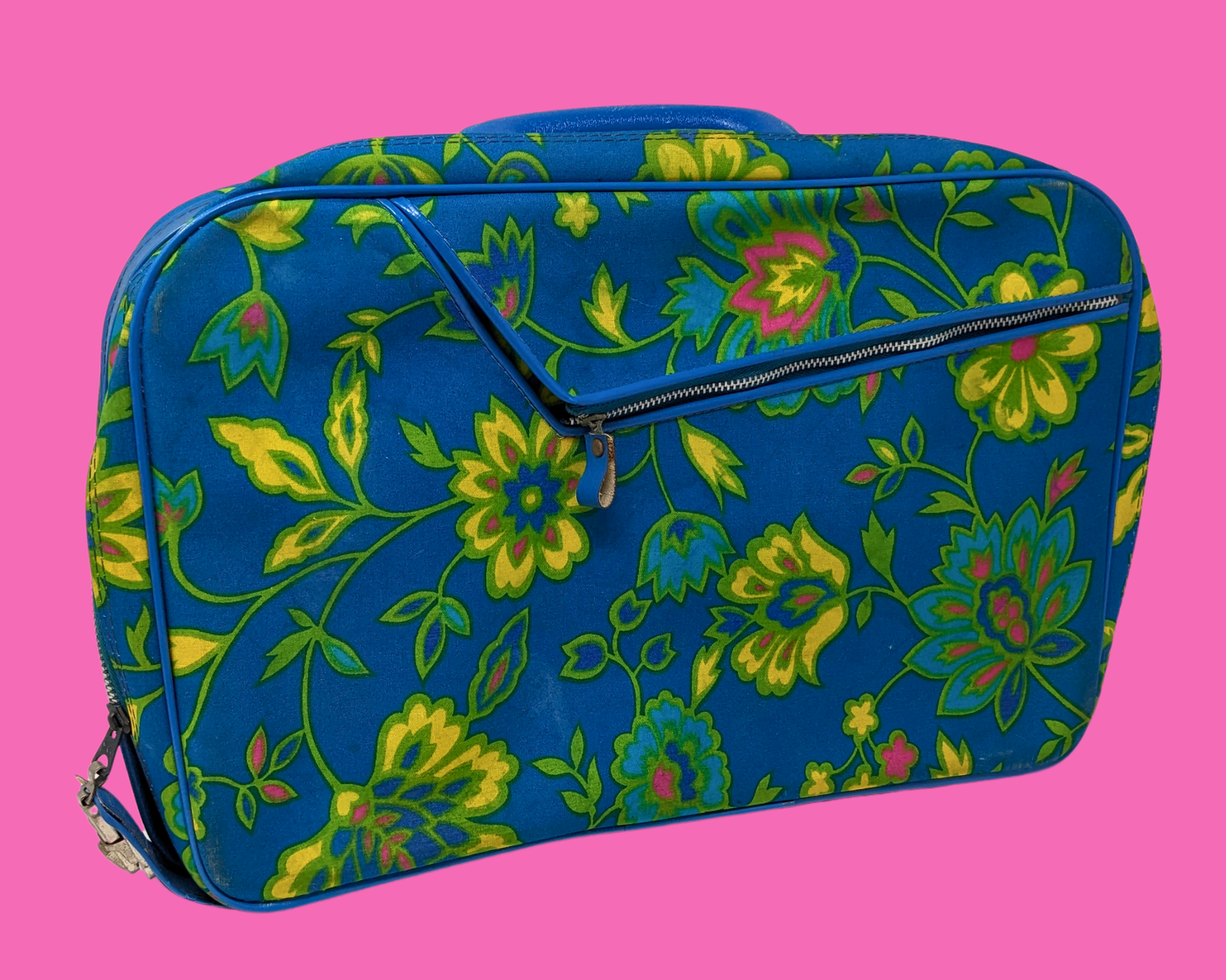 Vintage 1960's Green, Blue, Yellow Floral Groovy Suitcase Made in Japan