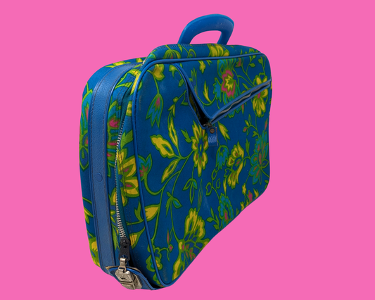 Vintage 1960's Green, Blue, Yellow Floral Groovy Suitcase Made in Japan