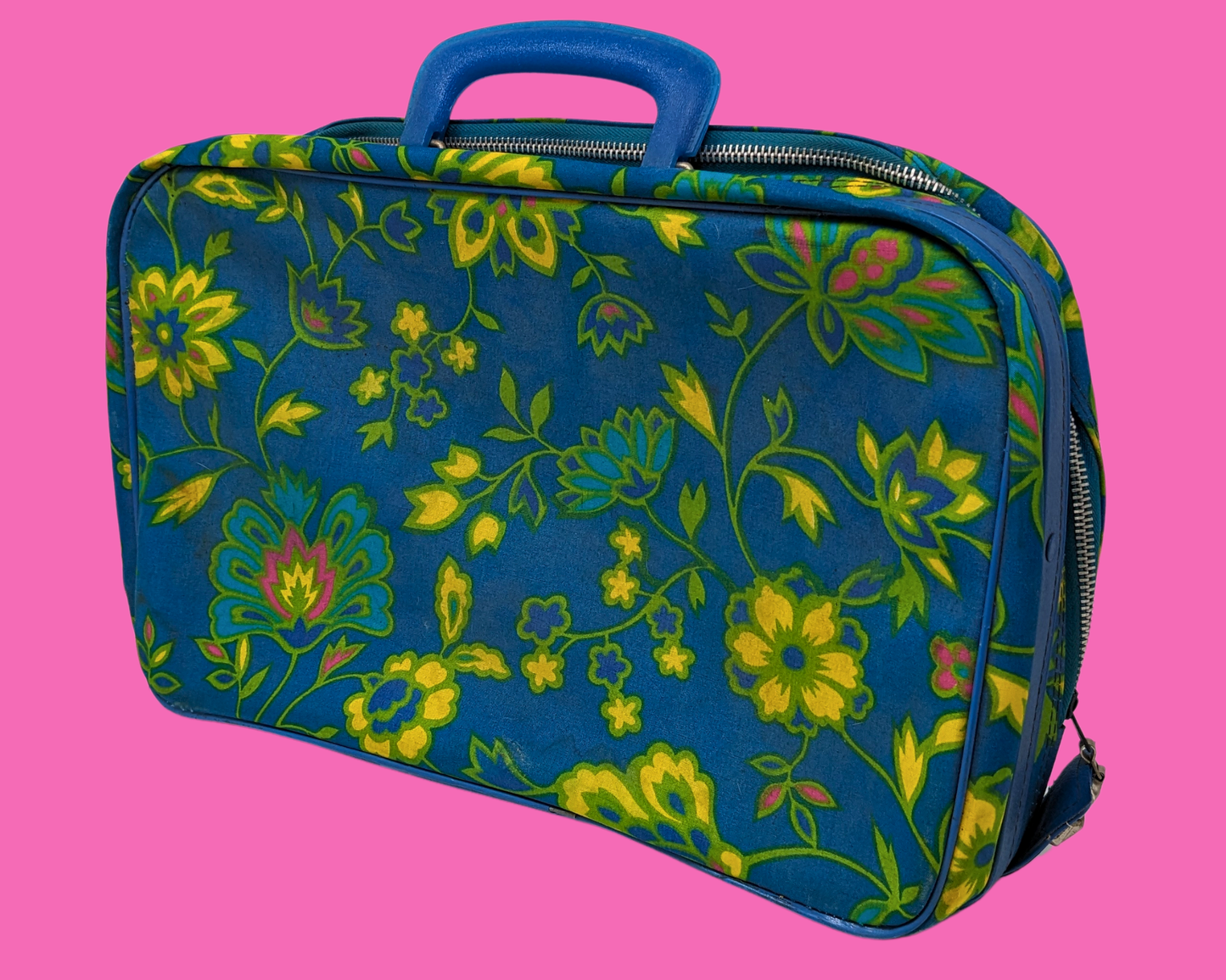 Vintage 1960's Green, Blue, Yellow Floral Groovy Suitcase Made in Japan