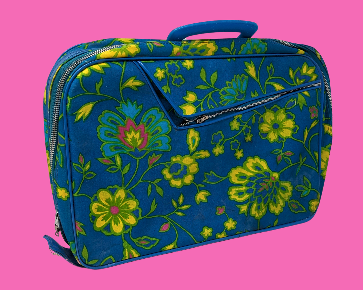 Vintage 1960's Green, Blue, Yellow Floral Groovy Suitcase Made in Japan