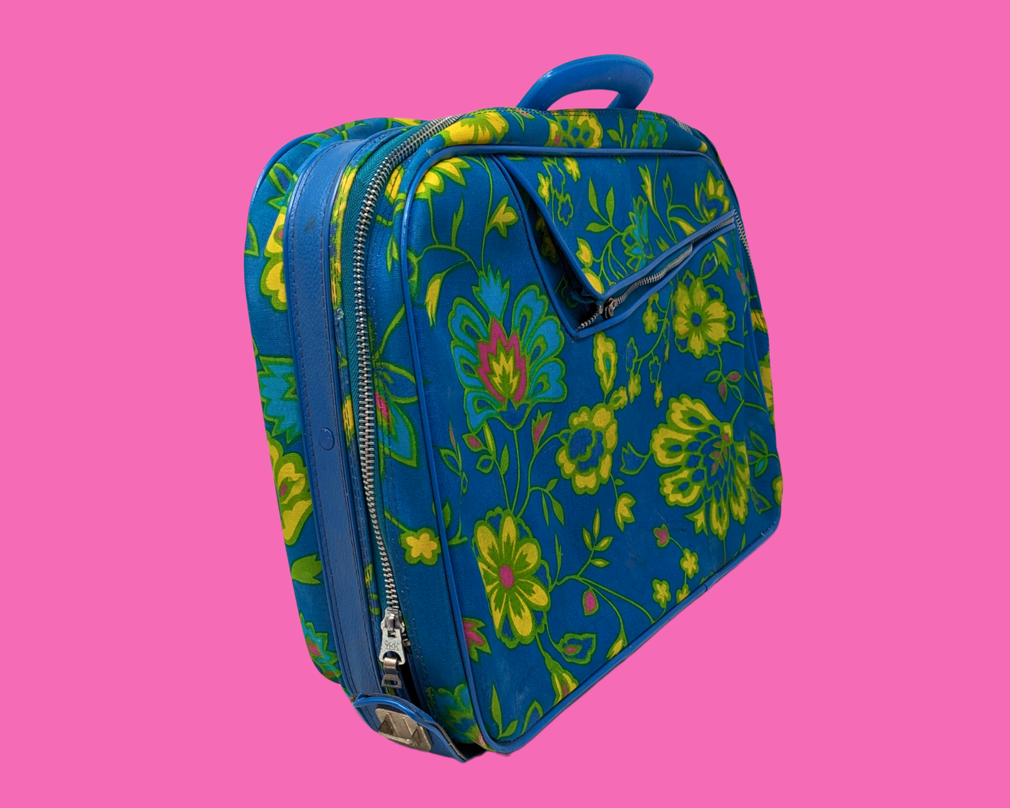 Vintage 1960's Green, Blue, Yellow Floral Groovy Suitcase Made in Japan