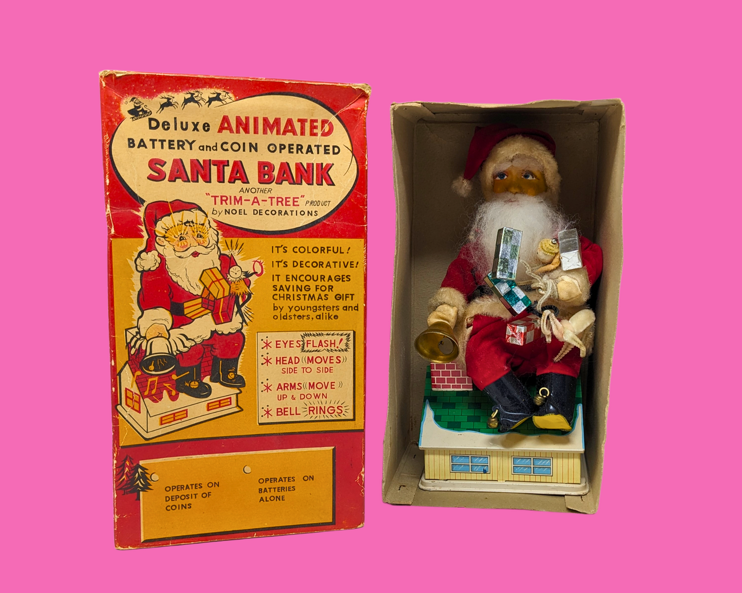 Vintage 1960's Deluxe Animated Battery and Coin Operated Santa Bank Made in Japan, Not Tested