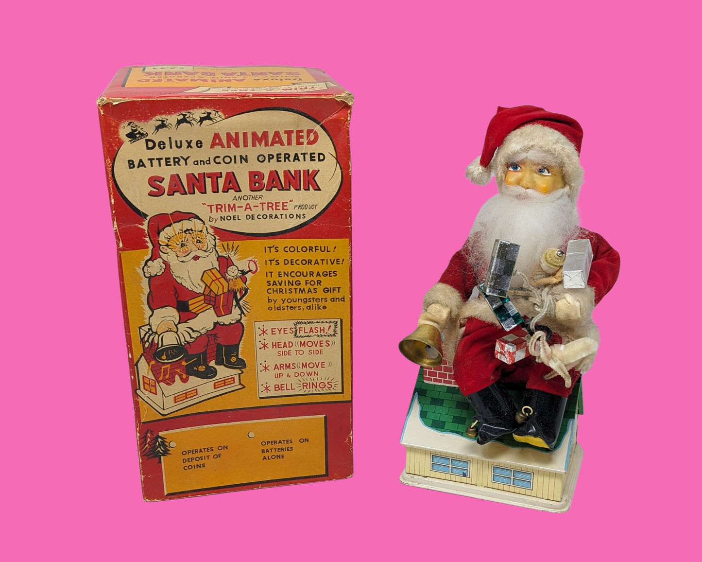 Vintage 1960's Deluxe Animated Battery and Coin Operated Santa Bank Made in Japan, Not Tested