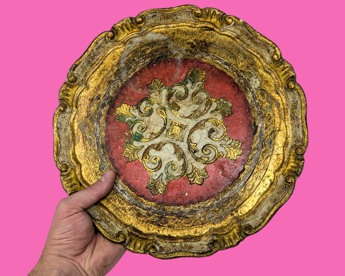 Florentine Gold and Red Small Wooden Tray Made in Italy