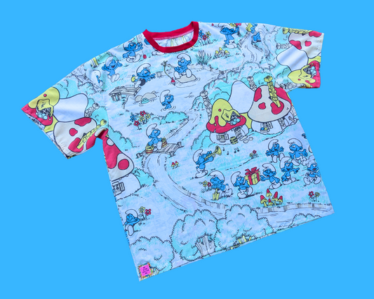 Handmade, Upcycled The Smurfs Bedsheet T-Shirt Oversized XL