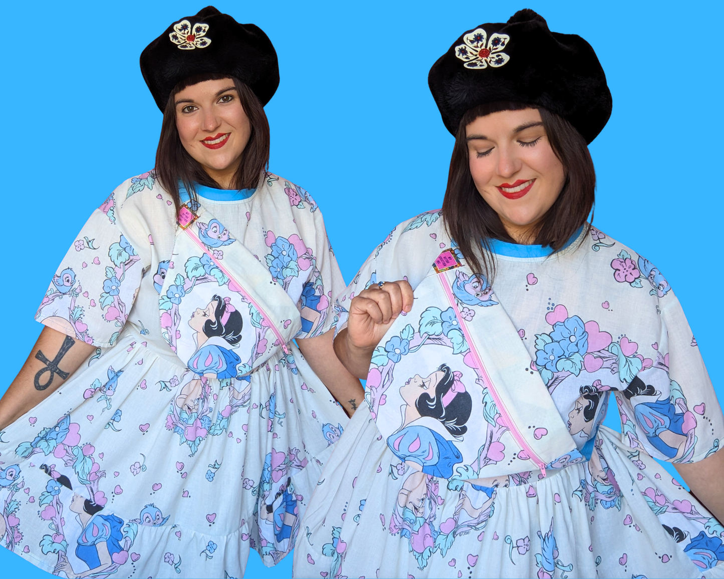 Handmade, Upcycled Vintage 1990's Walt Disney's Snow White and The Seven Dwarves Bedsheet T-Shirt Dress Fits S-M-L-XL with Matching Fanny Pack