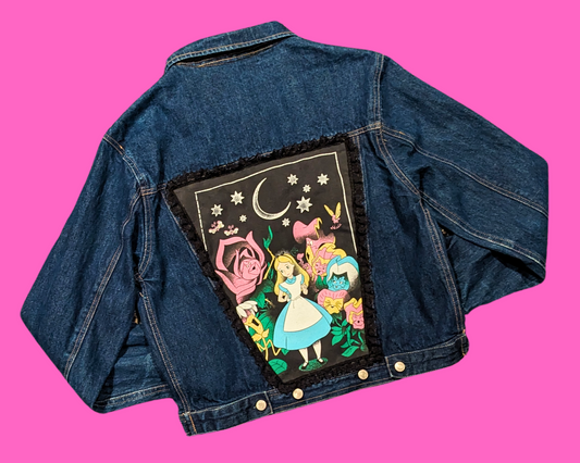 Handmade, Upcycled Dina Sports, Alice in Wonderland Denim Jacket Size M