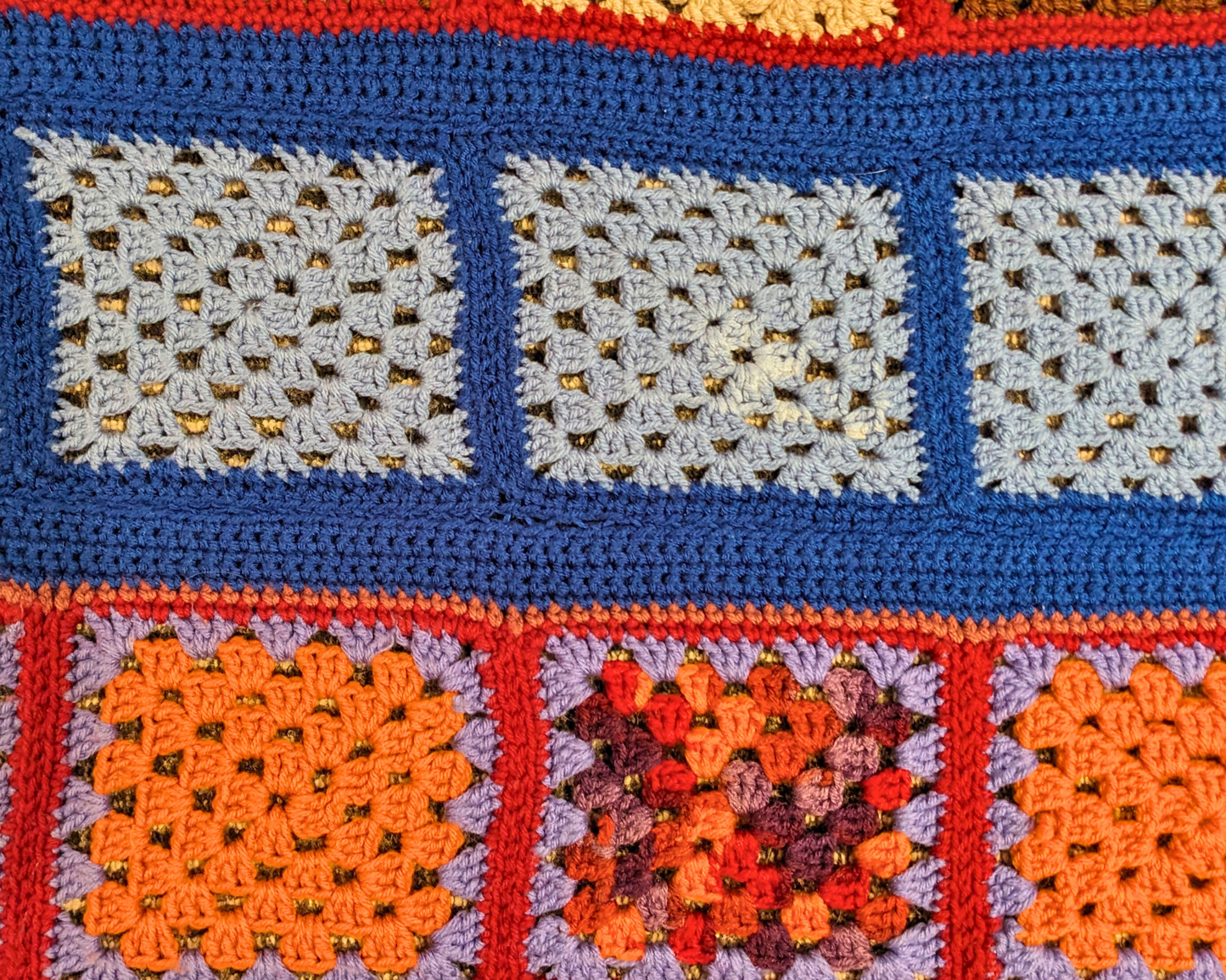 Vintage 1980's Groovy and Colorful Wool Crochet Blanket