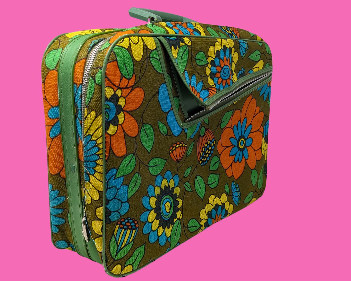 Vintage 1960's Green, Orange, Blue, Yellow Floral Groovy Small Suitcase