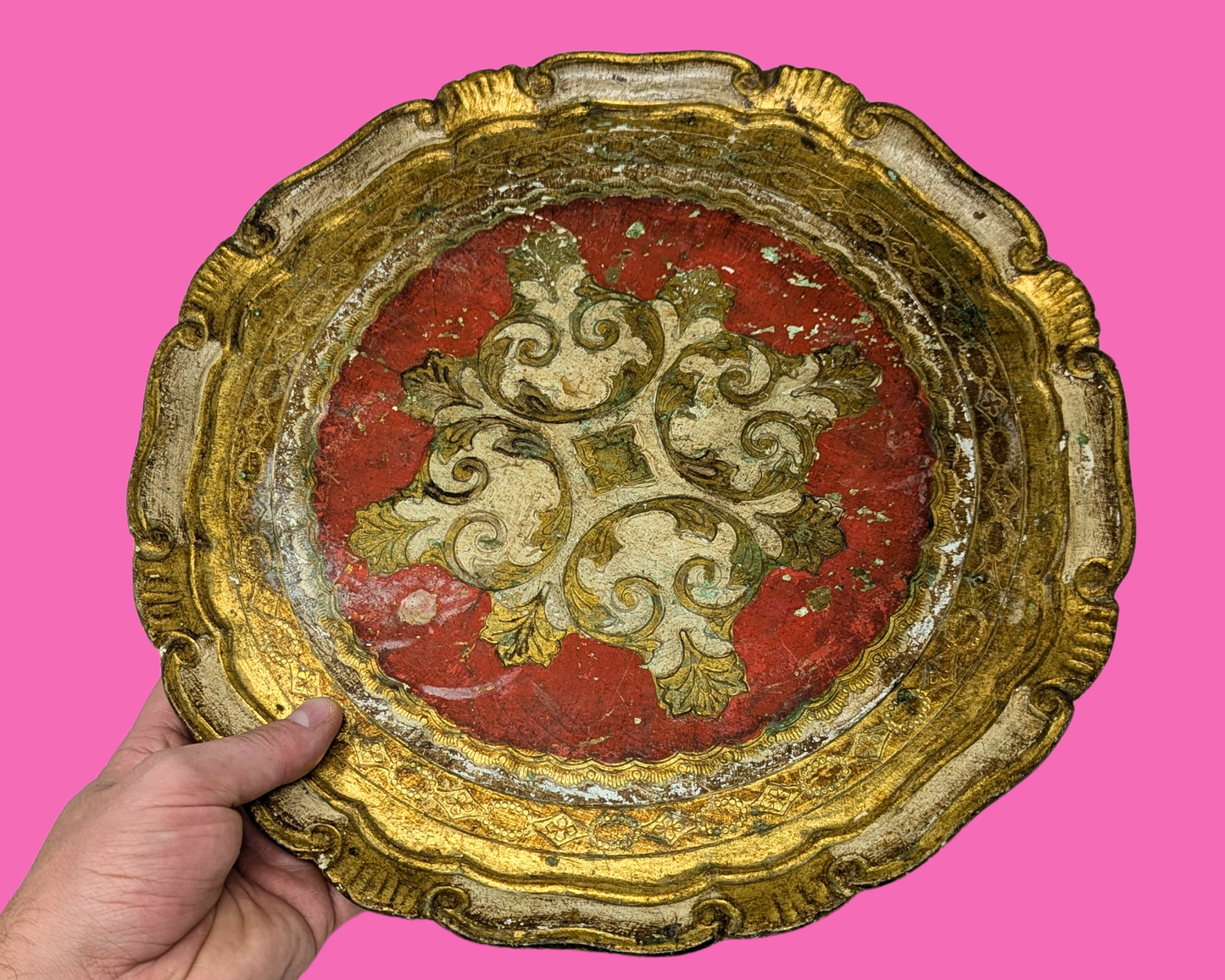 Florentine Gold and Red Small Wooden Tray Made in Italy