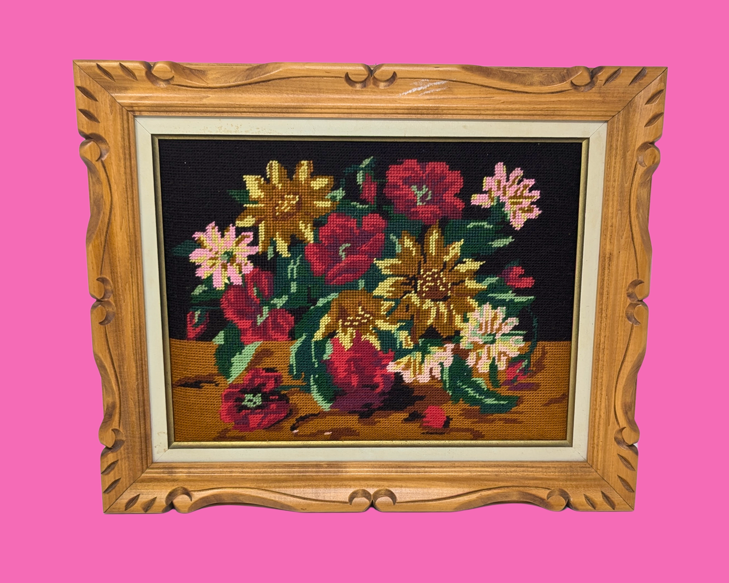 Vintage 1980's Needle Point Flowers Framed Artwork