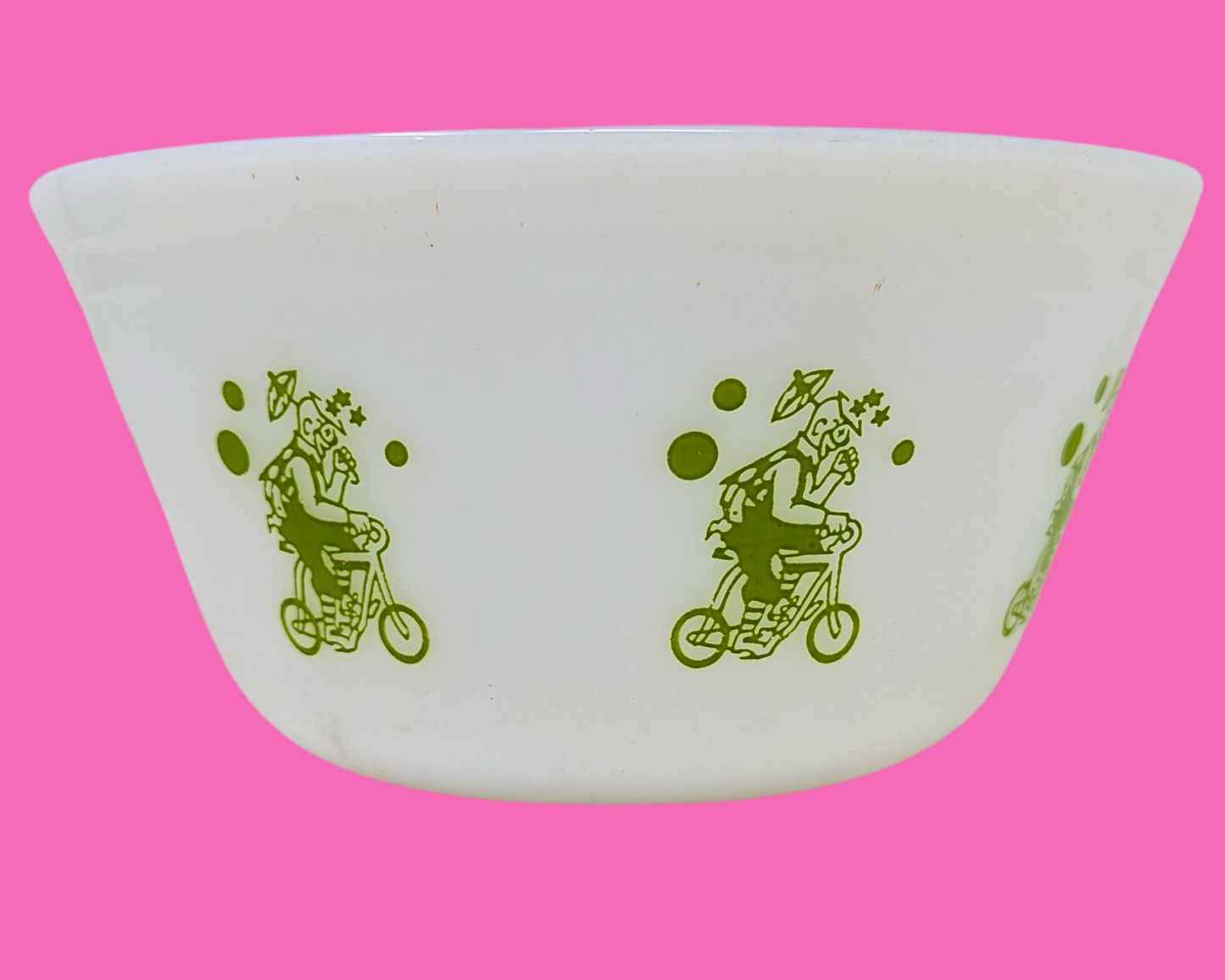 Vintage 1970's White and Green Bowl, Clowns on Bicycle Illustrations