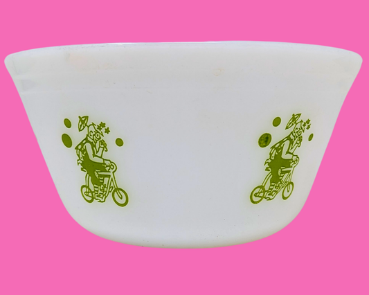 Vintage 1970's White and Green Bowl, Clowns on Bicycle Illustrations