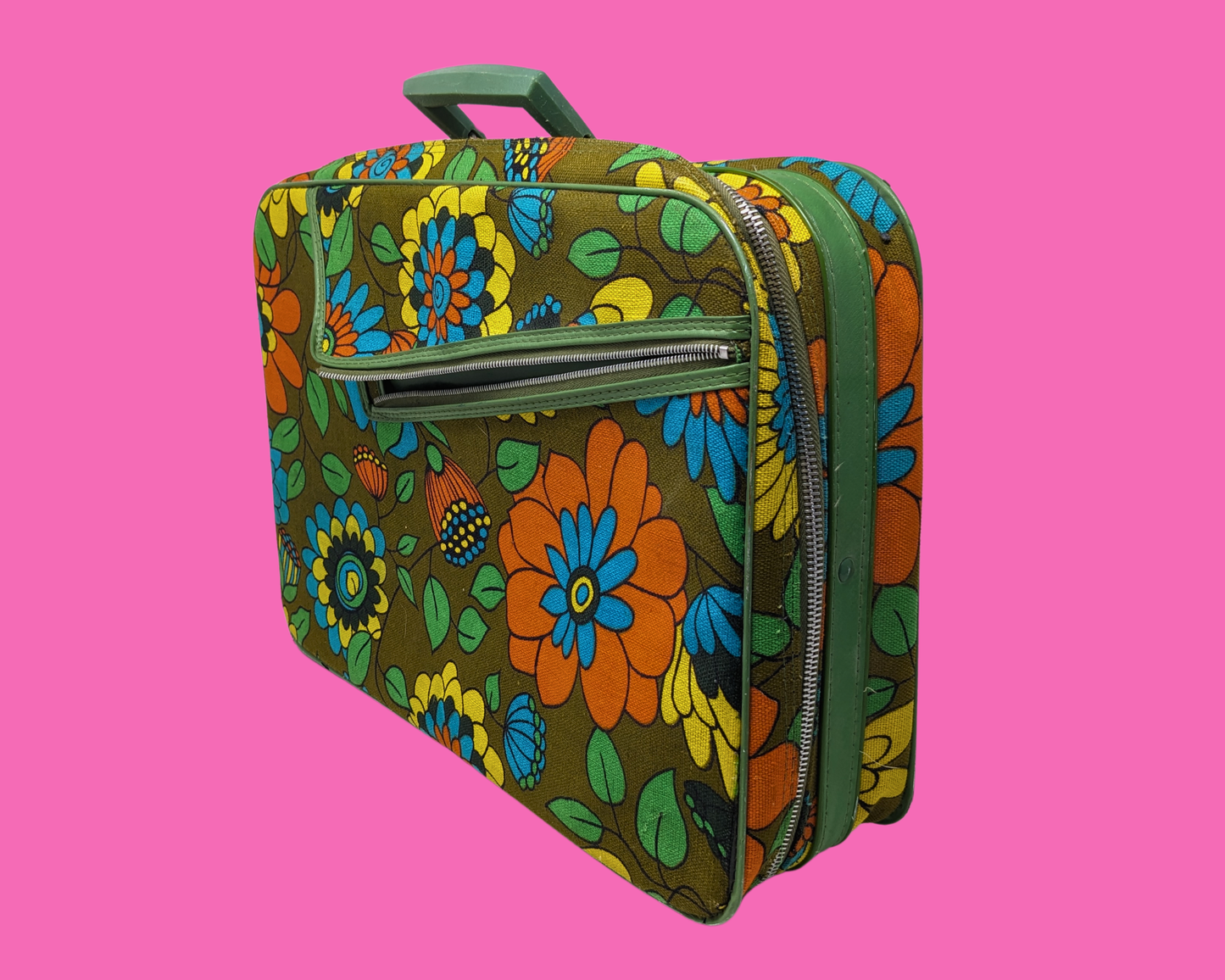 Vintage 1960's Green, Orange, Blue, Yellow Floral Groovy Small Suitcase