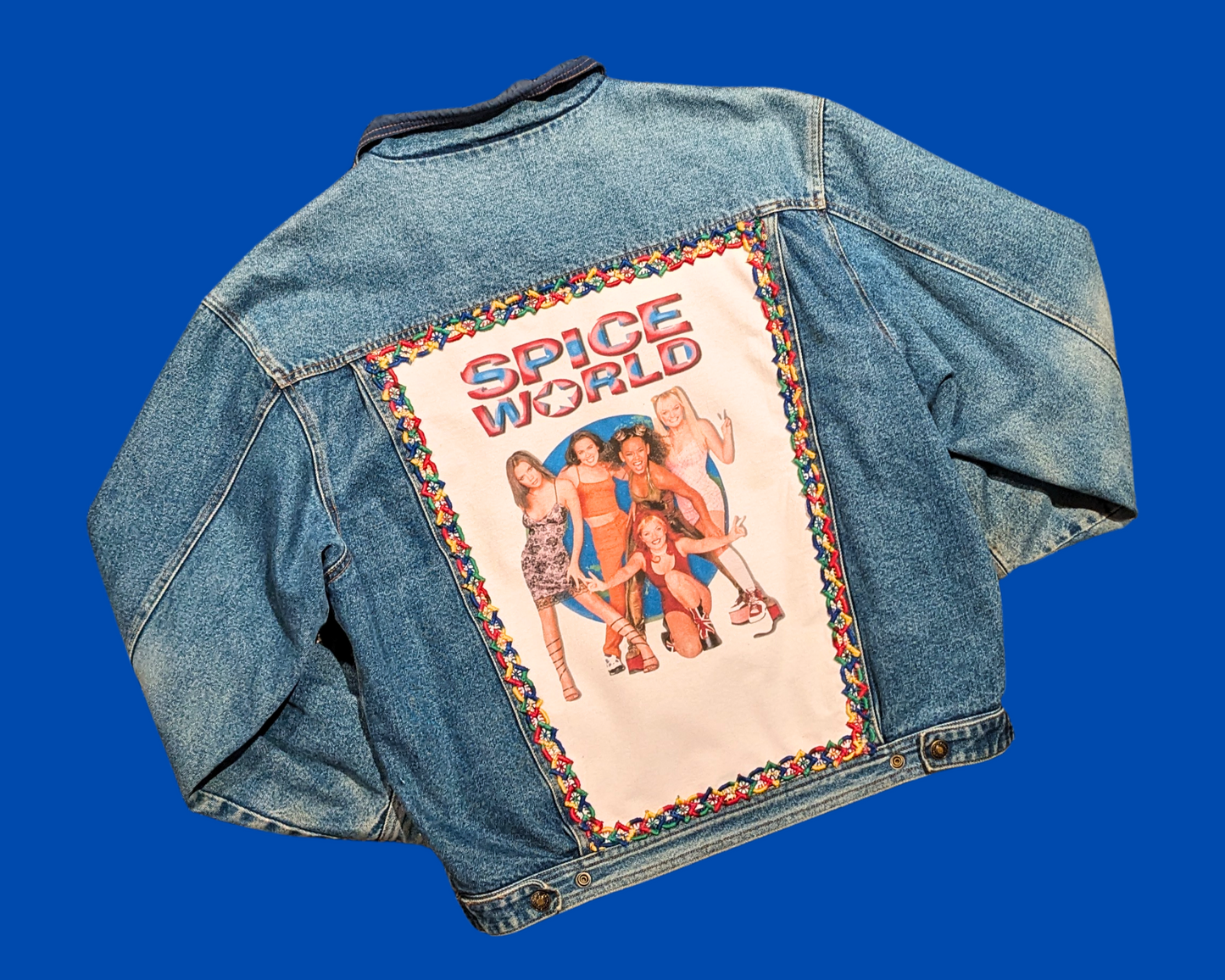 Handmade, Upcycled Denim Jacket Patched Up with a Spice Girls T-Shirt Fits Size M-L