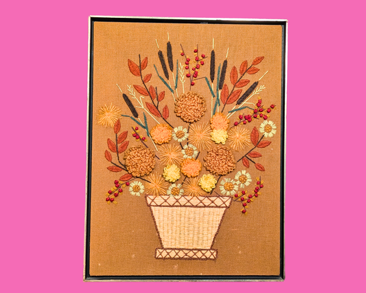 Vintage 1980's Flowers Needlepoint Framed Artwork