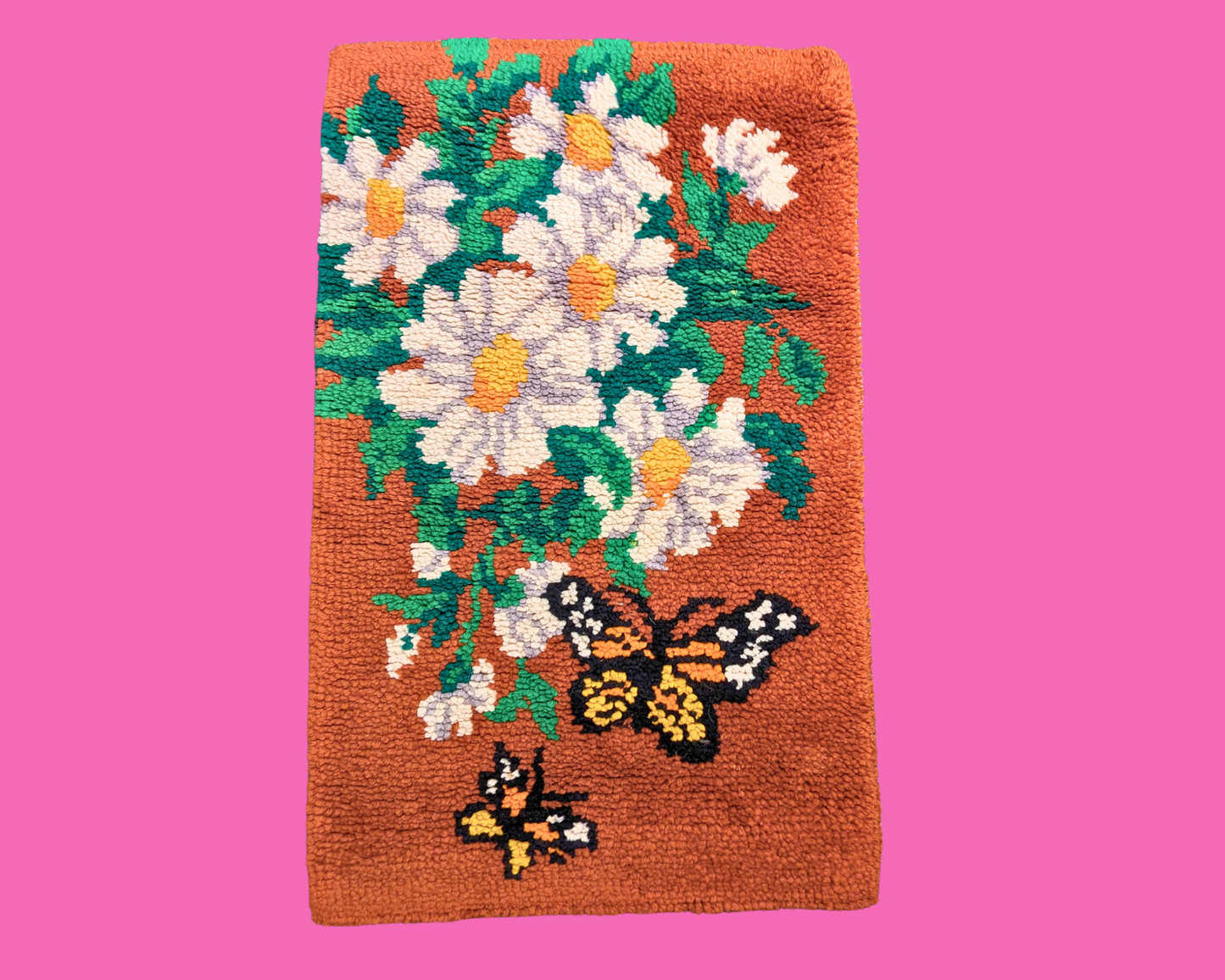 Vintage 1980's Daisies and Butterflies Rug