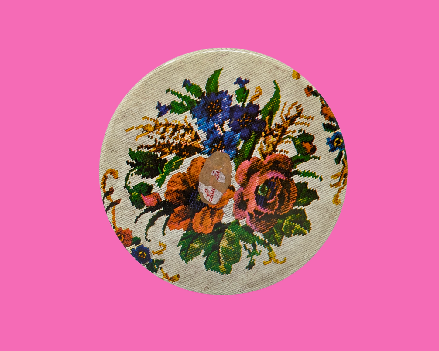 Vintage 1980's Embroidery Flowers Print Tin Box