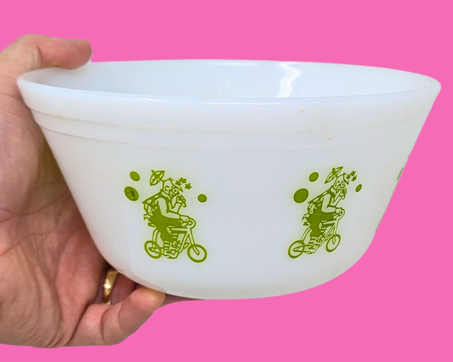 Vintage 1970's White and Green Bowl, Clowns on Bicycle Illustrations