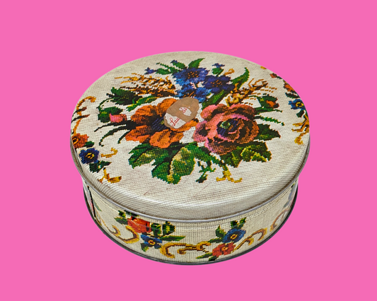 Vintage 1980's Embroidery Flowers Print Tin Box