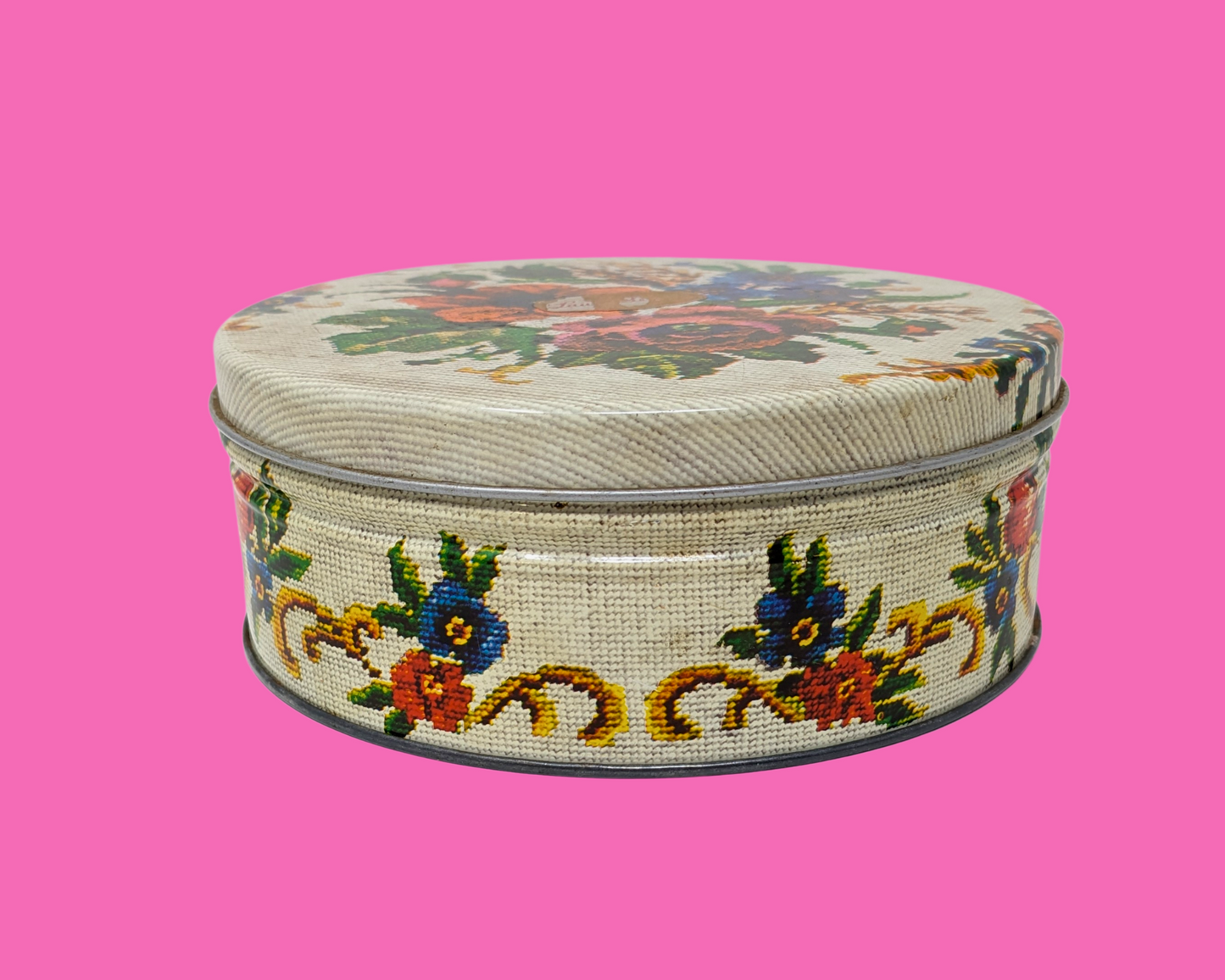 Vintage 1980's Embroidery Flowers Print Tin Box