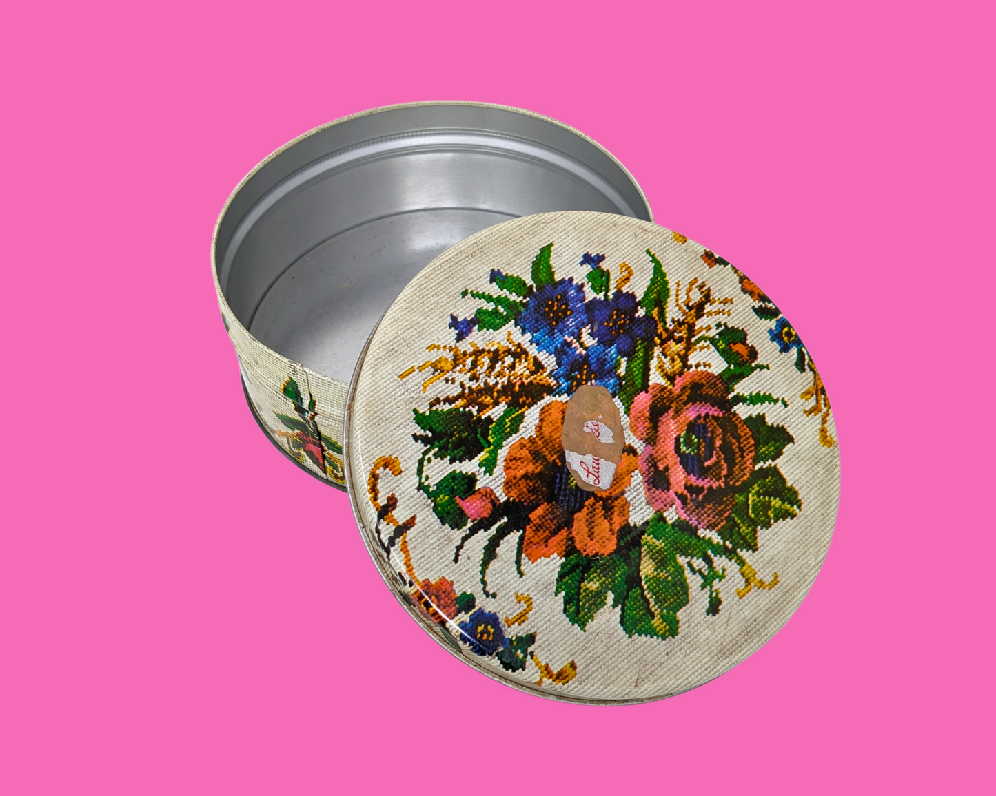 Vintage 1980's Embroidery Flowers Print Tin Box