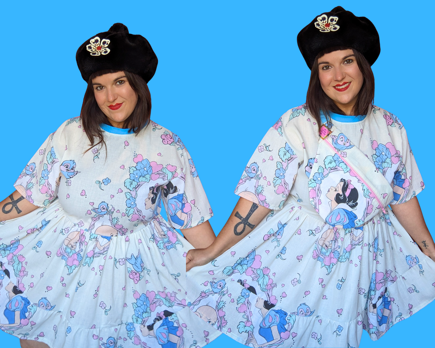 Handmade, Upcycled Vintage 1990's Walt Disney's Snow White and The Seven Dwarves Bedsheet T-Shirt Dress Fits S-M-L-XL with Matching Fanny Pack