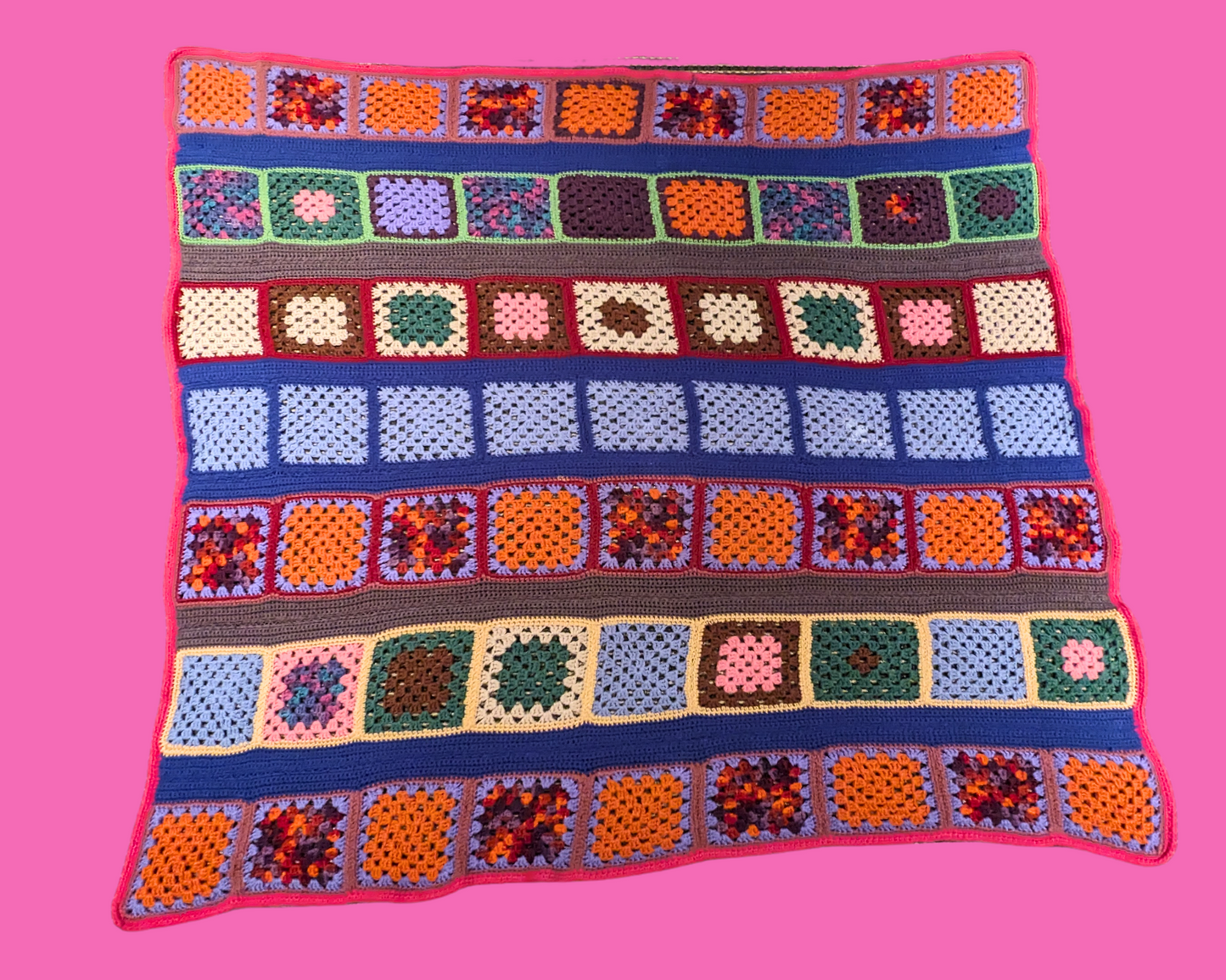 Vintage 1980's Groovy and Colorful Wool Crochet Blanket