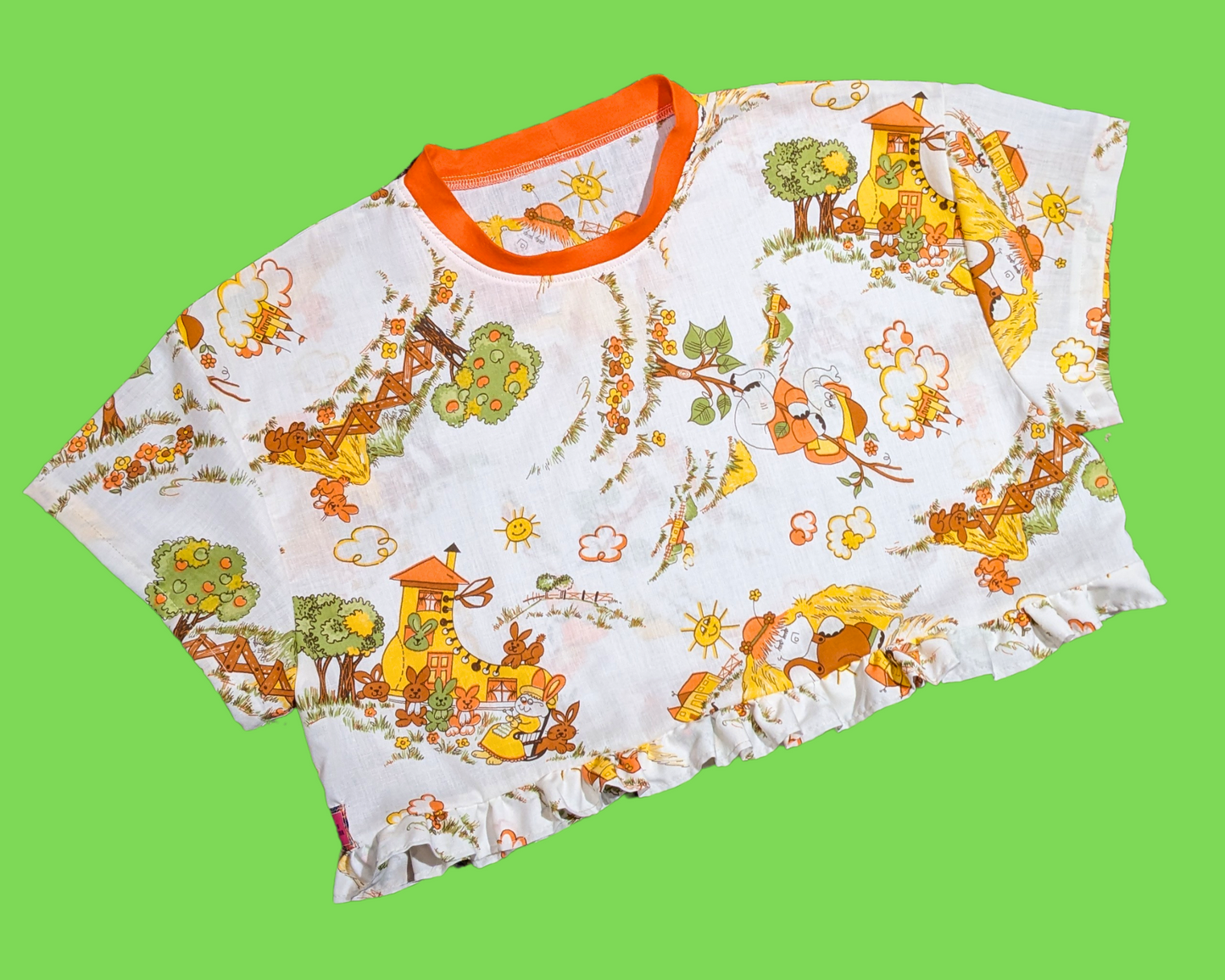 Handmade, Upcycled Vintage 1960's Animals Patterned Bedsheet Crop Top Fits Size S to XL