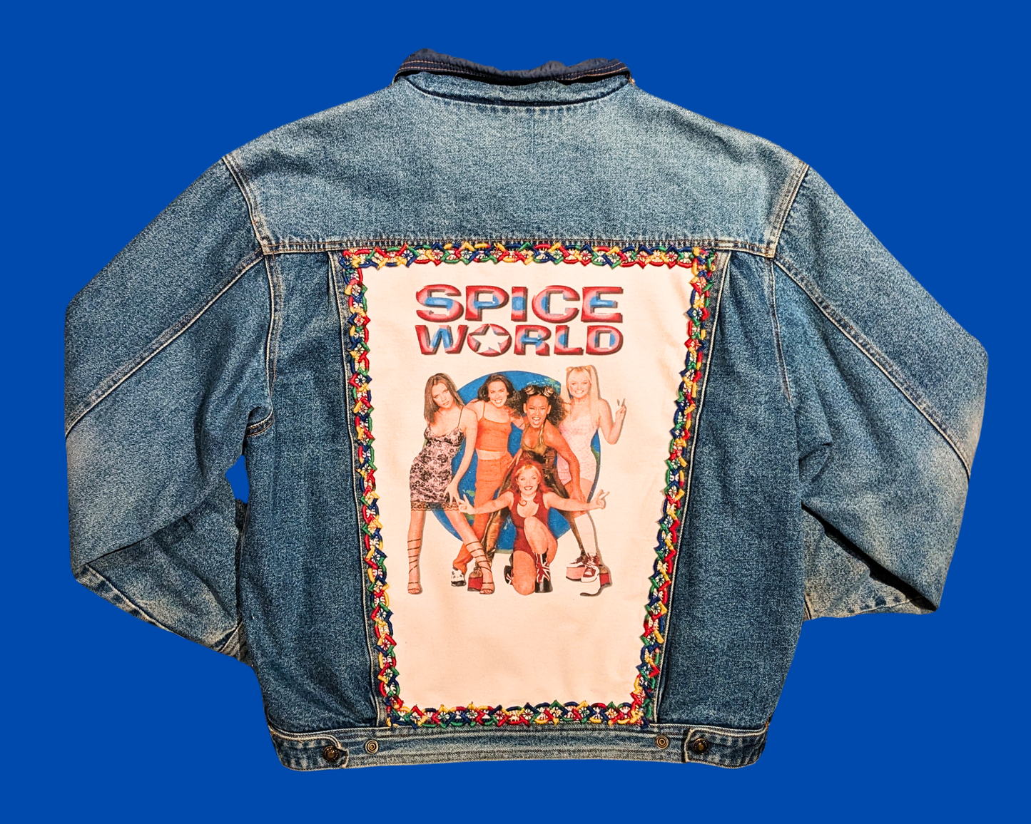 Handmade, Upcycled Denim Jacket Patched Up with a Spice Girls T-Shirt Fits Size M-L