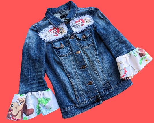 Handmade, Upcycled Denim Jacket Patched Up with Bedsheets Scraps of Pound Puppies Size S-M