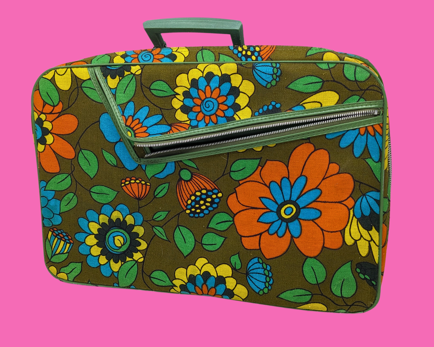 Vintage 1960's Green, Orange, Blue, Yellow Floral Groovy Small Suitcase