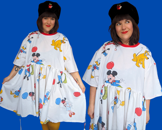 Handmade, Upcycled Walt Disney's Vintage 1980's Mickey Mouse Bedsheet Dress Fits 2XL